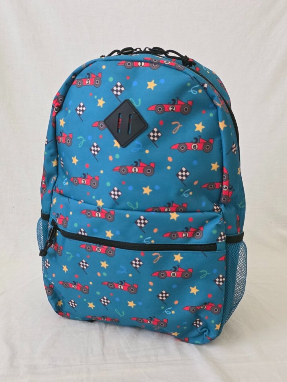 NWOT! Lightweight Teal Backpack w/Race Car Design & Bottle Pockets for Daily Use